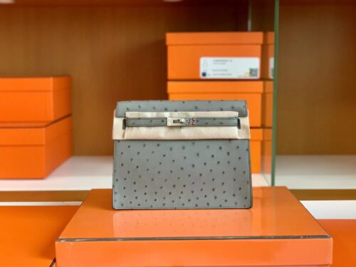 Hermes Kelly Danse Ostrich Agate grey Silver Hardware 22cm Full Handmade