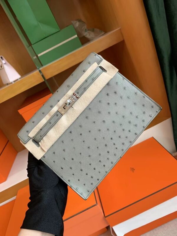 Hermes Kelly Danse Ostrich Agate grey Silver Hardware 22cm Full Handmade