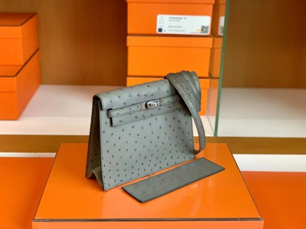 Hermes Kelly Danse Ostrich Agate grey Silver Hardware 22cm Full Handmade