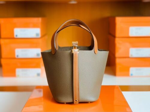 Hermes Picotin Togo CK18 Etoupe Grey & CK37 Golden Brown Gold Hardware 18cm Full Handmade