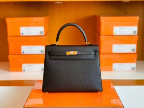 Hermes Kelly Epsom CK89 Black Gold Hardware 25cm Full Handmade