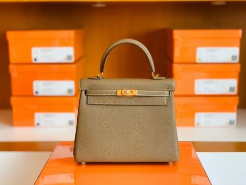 Hermes Kelly Togo CK18 Etoupe Grey Gold Hardware 25cm Full Handmade