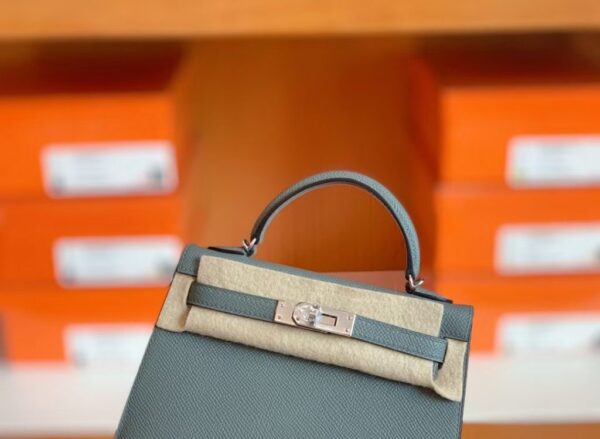 Hermes Mini Kelly Epsom 63 Almond green Silver Hardware 19cm Full Handmade