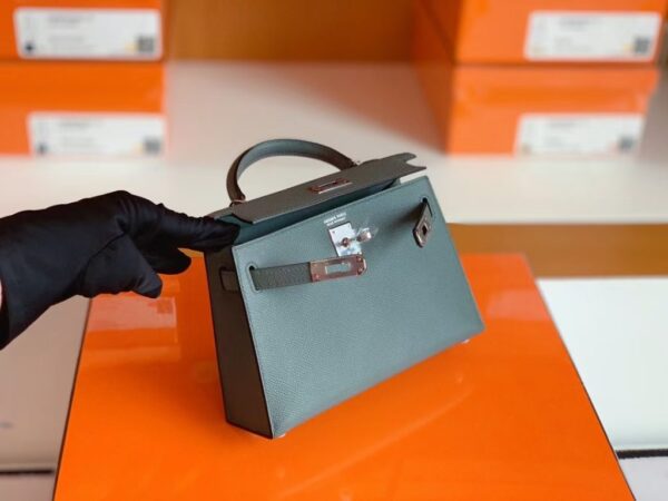 Hermes Mini Kelly Epsom 63 Almond green Silver Hardware 19cm Full Handmade