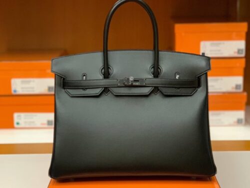 Hermes Birkin box Leather ck89 so-black Black Buckle Silver Hardware 35cm Full Handmade