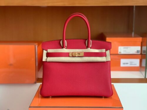 Hermes Birkin Togo Q5 Bright Red Gold Hardware 30cm Full Handmade