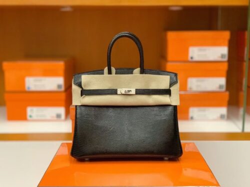 Hermes Birkin Lizard CK89 Black Silver Hardware 25cm Full Handmade