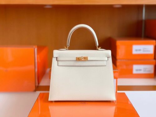 Hermes Kelly Epsom Creamy White Gold Hardware 25cm Full Handmade
