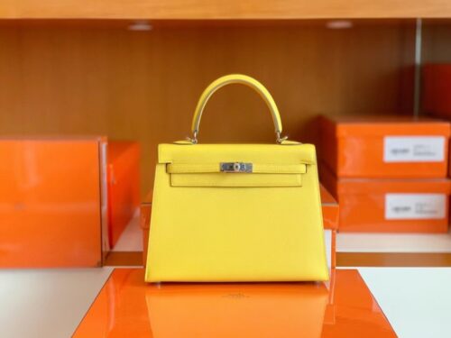 Hermes Kelly Epsom 9O Lemon yellow Silver Hardware 25cm Full Handmade