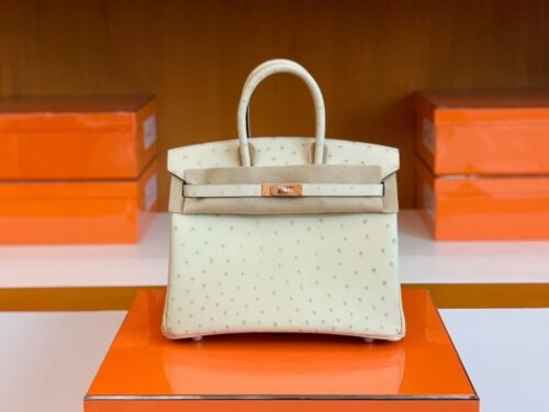 Hermes Birkin Ostrich 3C Wool white Rose Gold Hardware 25cm Full Handmade