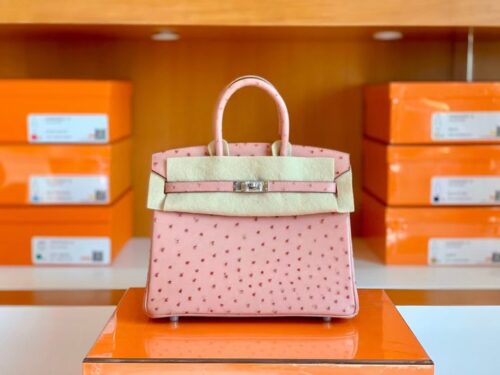 Hermes Birkin Ostrich CK94 Pink Silver Hardware 25cm Full Handmade