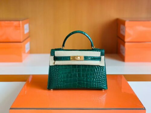 Hermes Mini Kelly sellier shiny alligator crocodile 6Q jade green Gold Hardware 19cm Full Handmade