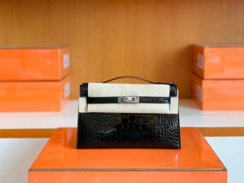 Hermes Mini Kelly pochette shiny alligator crocodile ck89 Black Silver Hardware 22cm Full Handmade