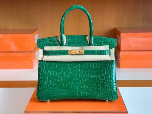 Hermes Birkin shiny alligator crocodile 6Q jade green Gold Hardware 30cm Full Handmade