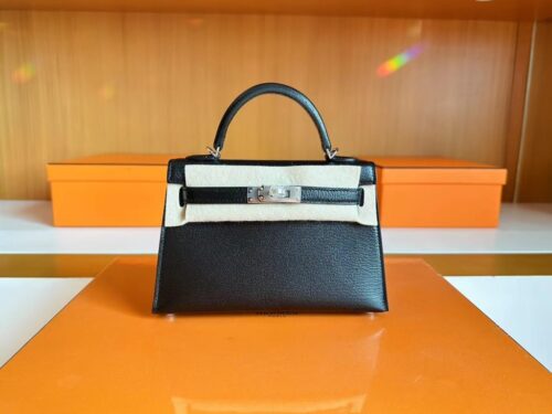 Hermes Mini Kelly chèvre ck89 Black Silver Hardware 19cm Full Handmade