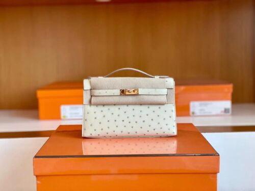 Hermès mini kelly Pochette Ostrich 8L Creamy White Gold Hardware 22cm Full Handmade