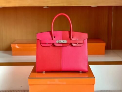 Hermès Birkin Epsom Bright Red & Rose Pink Silver Hardware 30cm Full Handmade