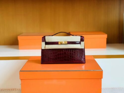 Hermès Mini kelly Pochette Shiny alligator crocodile ck57 bordeaux Red Gold Hardware 22cm Full Handmade