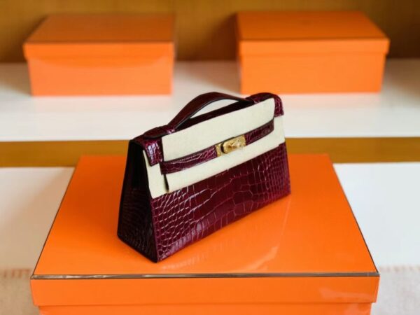 Hermès Mini kelly Pochette Shiny alligator crocodile ck57 bordeaux Red Gold Hardware 22cm Full Handmade