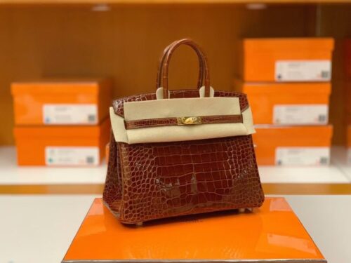 Hermès Birkin shiny alligator crocodile Brown Gold Hardware 25cm Full Handmade
