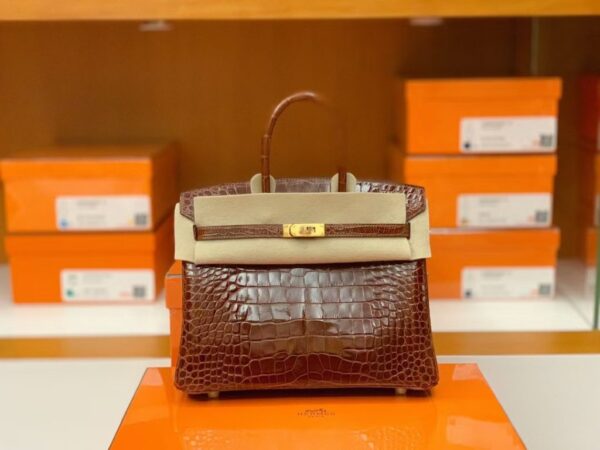 mmexport16925285166021-1024x768-1 Hermès Birkin shiny alligator crocodile Brown Gold Hardware 25cm Full Handmade