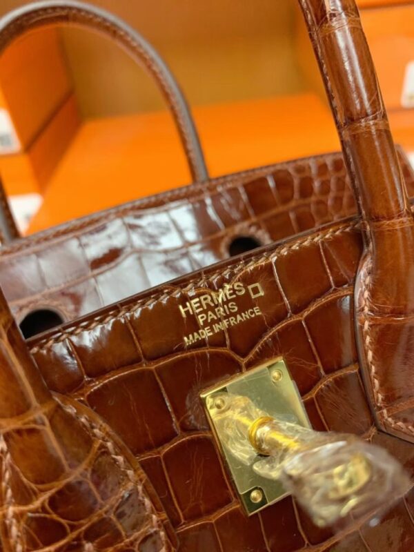 mmexport16925285215511-768x1024-1 Hermès Birkin shiny alligator crocodile Brown Gold Hardware 25cm Full Handmade