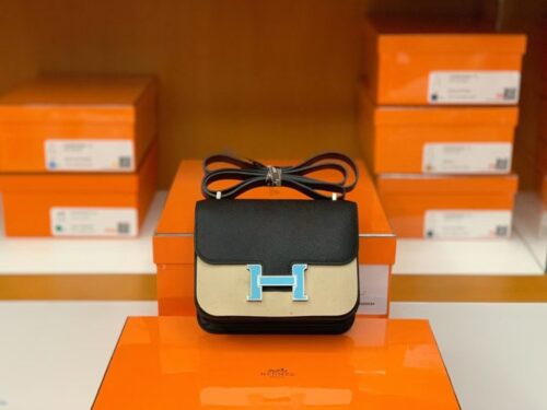 Hermès Constance Epsom Black Blue enamel buckle Silver Hardware 18cm Full Handmade