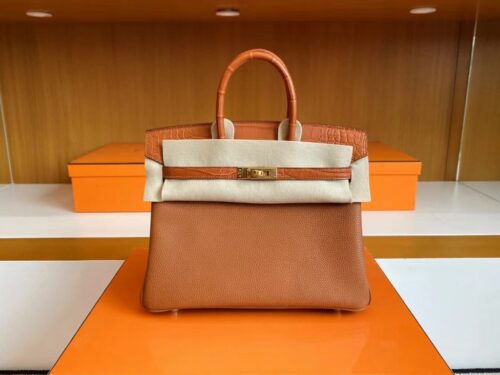 Hermès Birkin Touch togo & crocodile Ck37 Golden Brown Gold Hardware 25cm Full Handmade