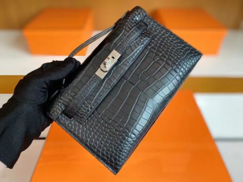 Hermès mini kelly pochette Matte Alligator crocodile Black Silver Hardware 22cm Full Handmade