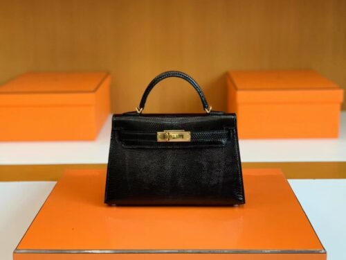 Hermès mini kelly lizard Leather Black Gold Hardware 19cm Full Handmade