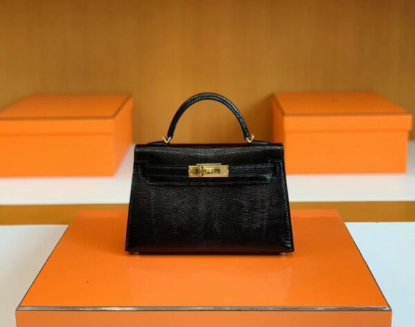 Hermès mini kelly lizard Leather Black Gold Hardware 19cm Full Handmade