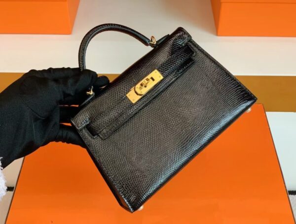 Hermès mini kelly lizard Leather Black Gold Hardware 19cm Full Handmade