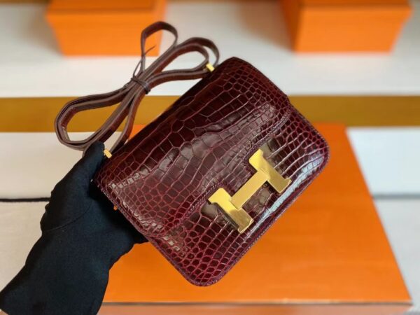 mmexport1696605847253-1024x768-1 Hermès Constance Shiny Alligator crocodile Wine red Gold Hardware 18cm Full Handmade