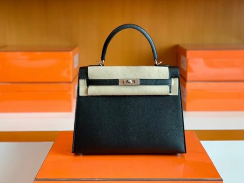 Hermès Kelly Epsom CK89 Black Silver Hardware 25cm Full Handmade