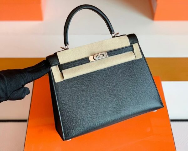 Hermès Kelly Epsom CK89 Black Silver Hardware 25cm Full Handmade