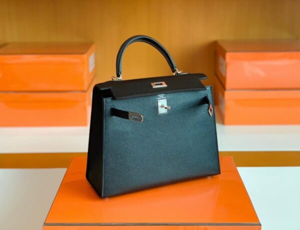 Hermès Kelly Epsom CK89 Black Silver Hardware 25cm Full Handmade