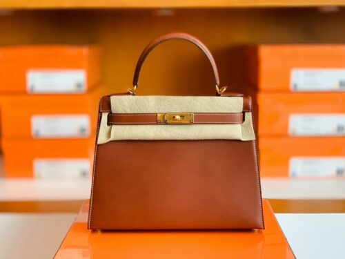 Hermès Kelly Barenia Reddish brown Gold Hardware 28cm Full Handmade