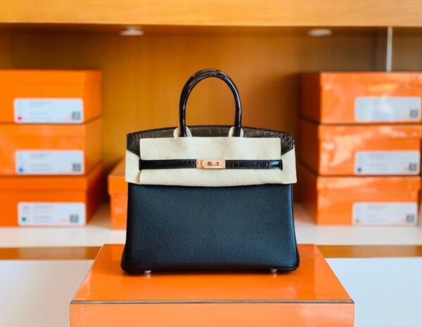 mmexport1699695072608-1024x796-1 Hermès Birkin Touch Shiny Alligator & Chevre CK89 Black Noir Rose Gold Hardware 25cm Full Handmade