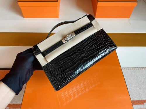Hermès Kelly potteche Shiny crocodile Black Silver Hardware 22cm Full Handmade