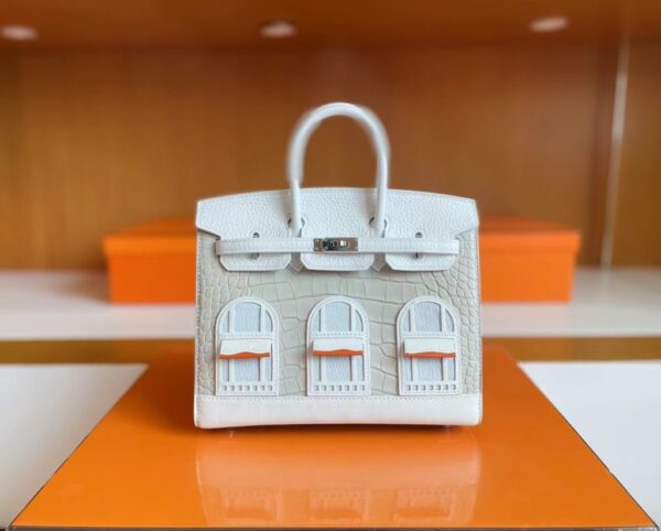 mmexport1713839386013-1024x823-1 H Factory Bags Birkin Faubourg Alligator crocodile & Togo White & grey Silver Hardware 20cm Full Handmade