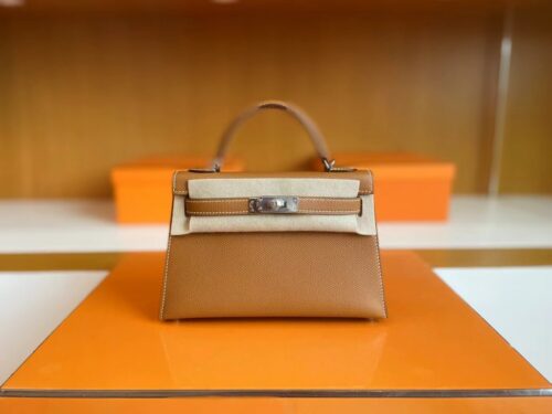 H Factory Bags mini kelly Epsom Golden Brown Silver Hardware 19cm Full Handmade