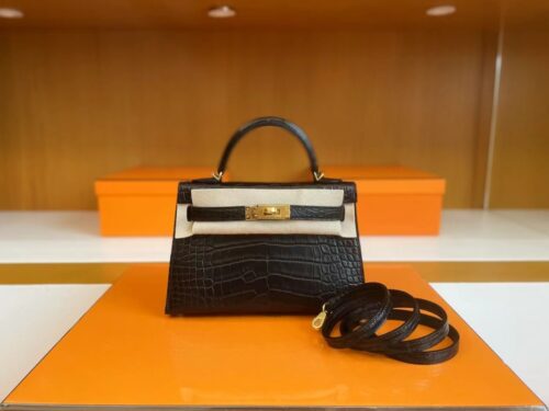 H Factory Bags mini kelly Matte Alligator crocodile Black Gold Hardware 19cm Full Handmade