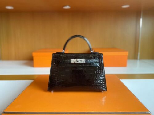 H Factory Bags mini kelly Shiny Alligator crocodile Black Silver Hardware 19cm Full Handmade
