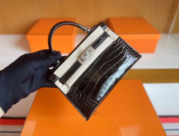 mmexport1715940694551-1024x780-1 H Factory Bags mini kelly Shiny Alligator crocodile Black Silver Hardware 19cm Full Handmade