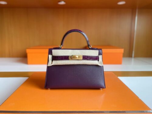 H Factory Bags mini kelly touch Epsom & Shiny crocodile N5 Gallon purple Gold Hardware 19cm Full Handmade
