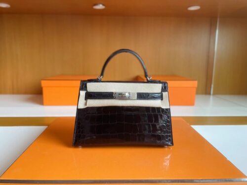 H Factory Bags mini kelly Shiny Niloticus crocodile Deep Blue Silver Hardware 19cm Full Handmade