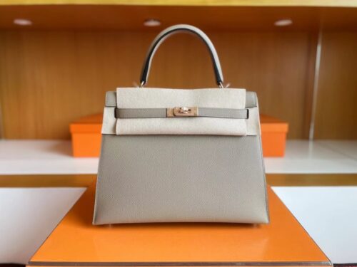 H Factory Bags Kelly Epsom M8 Light Gray Silver Hardware 25cm Full Handmade