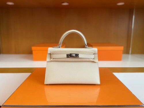 H Factory Bags mini Kelly Epsom Cream White Silver Hardware 19cm Full Handmade
