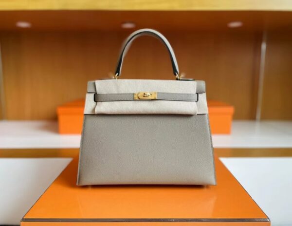 H Factory Bags Kelly Epsom M8 Light Gray Gold Hardware 25cm Full Handmade