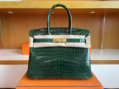 H Factory Bags Birkin Shiny Porosus crocodile 6Q Emerald green Gold Hardware 30cm Full Handmade